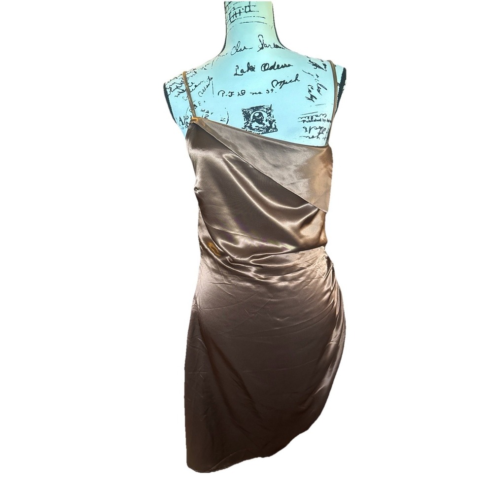 Cider Brown Satin Backless Mini Cocktail Dress Ruched Side Spaghetti Straps NWT